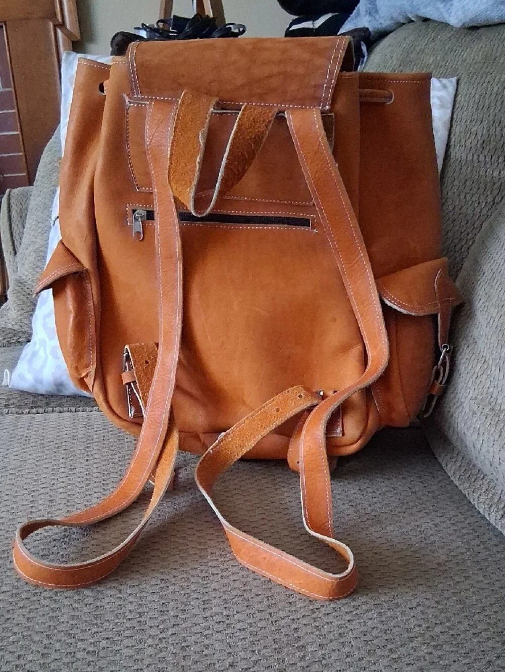 Vintage Tan Leather Backpack with Front and Side Buckle Pocket Purse Bag